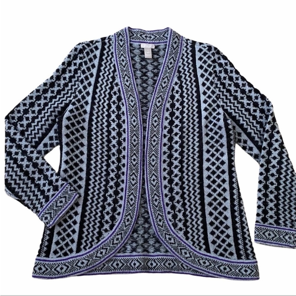 Chico’s Gray, Purple and Black Wool Blend Cardigan Sweater (M/8-10)